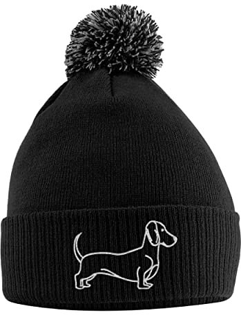 Purple Print House Dackel bestickte Bommelmütze, Wursthundebesitzer, Herbst-Winter-Hundespaziergänge, Geschenkideen für Frauen, Einheitsgröße, Schwarz