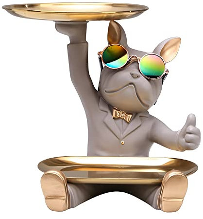 NUACOS FranzöSische Bulldogge Statue Tischdekoration Mode Skulptur Mit 2 Edelstahl Tablett SchlüSselschale FüR Eingangstisch, SüßIgkeitsschale, Schmuck-Ohrring-Tablett,Tischdekoration (Grau)