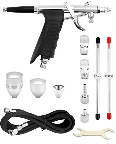 QWORK® Airbrush-Kit Airbrushpistole System - Düsen 0,3 mm 0,5 mm 0,8 mm - Farbbecher 2 cc 5 cc 13 cc - Schlauchlänge 1,8 m