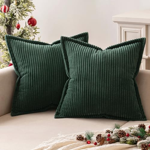 MIULEE Kordsamt Kissenbezug Weiche Kissenhülle Dekorative Sofakissen Quadratische Dekokissen Moderne Zierkissenbezug Gestreifte Kissenbezüge für Schlafzimmer 2 Stück 45x65 cm, Dunkelgrün