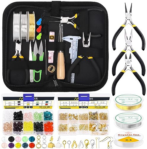 Mardatt 1250Pcs Jewelry Making Supplies Kit Includes 10 Colors 8mm Crystal Beads, Jewelry Pliers, Jewelry Wires, Jump Ring Opener, Tweezers, Awl, Thimble Ring Jewelry Accessories for Jewelry Repair