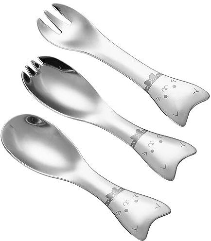 Set di posate per bambini in confezione da 3, posate in acciaio inossidabile per bambini, set di forchetta e cucchiaio da dessert, forchetta e cucchiaio per bambini con simpatico design a gattino