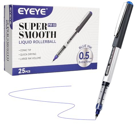 EYEYE Bolígrafos de tinta líquida Azul, 25pcs Bolígrafo Roller de Secado Rápido de Tinta, secado rápido para escribir, Escritura Suave para Oficina, Hogar, Empresa, Escuela punta fina 0.5 mm