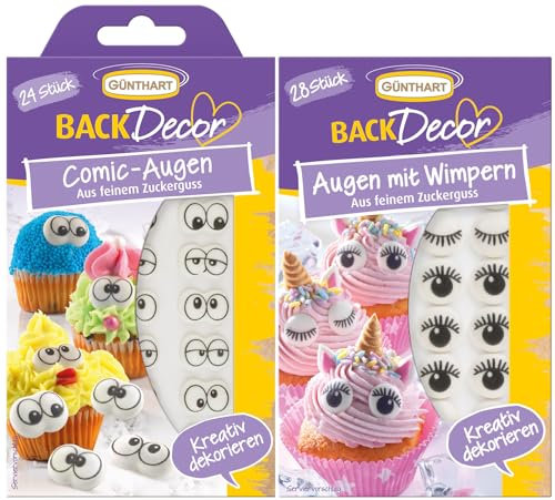 Günthart BackDecor Zucker Augen Set - Aus feinem Zuckerguss - 24 Comic Augen & 28 Augen mit Wimpern - kreative Dekoration für Muffins, Cupcakes, Kuchen und zum Backen