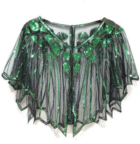 Wisafory Damen Umschlagtücher 20er Jahre Retro Schal Wraps Pailletten Stola Spitze Braut Schal Abendcape Schulter Bedeckung für Brautkleid Hochzeit Gatsby Kostüm Accessoires Schwarz Grün