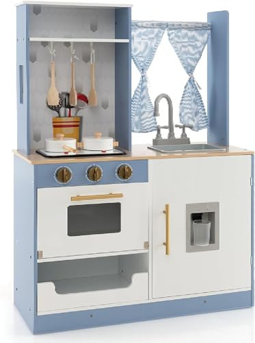 Maxmass Kids Play Kitchen, Wooden Children Kitchen with Double Stove, Curtains, Water Dispenser, 6 PCS Accessories, Realistic Light & Sound, Toddler Cooking Toy Kitchen Playset for Boys Girls