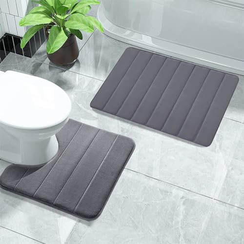 Generic Memory Foam Bath Mat Set, 2pcs Pedestal Toilet Bathroom Rug Set, 40x60cm and 40x50cm U-Shaped Bathroom Rugs, Non Slip, Thick, Soft, Washable, Absorbent, Dry Fast (Dark Gray), SEROF20240408