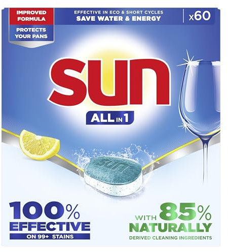 Sun Todo en 1 Citroen Lavavajillas Tabletas, detergente con fórmula mejorada 100% efectivo en más de 99 manchas difíciles 60 tabletas
