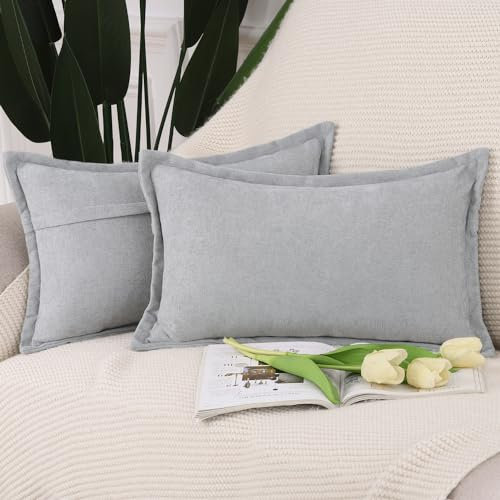 Madizz 2er Set Fransen Chenille Schlicht Zierkissenbezüge Modern Kissenbezug Kissenhülle Sofakissen Lendenkissen für Sofa Schlafzimmer Hellgrau 40x60 cm