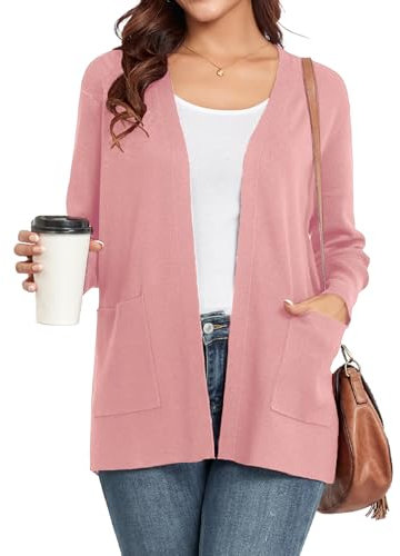 YGJIEGENG Cardigan Donna Cardigan Lungo Autunno Inverno Pullover Elegante Casual Manica Lunga Giacca Aperta Casual con Tasche Rosa L