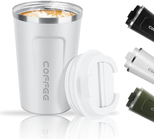 Basuit Stainless Steel Travel Mug, 380 ML, White, Leakproof, Double Walled, Insulated, Reusable, Cylindrical Mug, 3.8E+2 ML, 14.5 cm x 5.7 inches