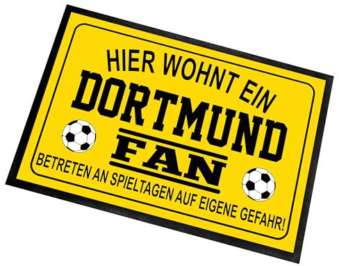 Herzbotschaft Fußmatte für Fußball Fans | Türmatte mit Spruch | 60x40cm | Hier wohnt EIN Dortmund Fan - Betreten an Spieltagen auf eigene Gefahr! | für innen und außen | Vorleger für die Haustür/Flur