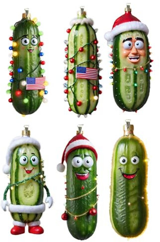 Weihnachtsbaumgurke – 6 x traditionelle Essiggurken-Weihnachtsdekoration, Acryl, 2D, flacher Gurkenanhänger mit Seil, für Weihnachtsfeiern, Baum, Heimdekoration