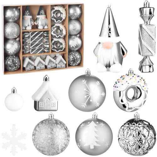 BRUBAKER 64 Stück Christbaumschmuck - Weihnachtskugel Set mit Donuts, Häuser, Schneeflocken, Kugeln und Bonbons - Baumkugel Baumschmuck - Anhänger Weihnachten für Weihnachtsbaum - Silber Weiß