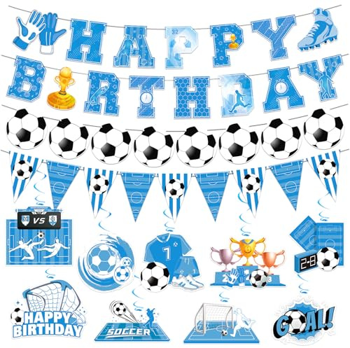 Bandera de feliz cumpleaños de fútbol azul y decoraciones de fiesta de cumpleaños de fútbol espiral, decoraciones de fiesta de fútbol, decoración de fiesta temática de fútbol, bandera de