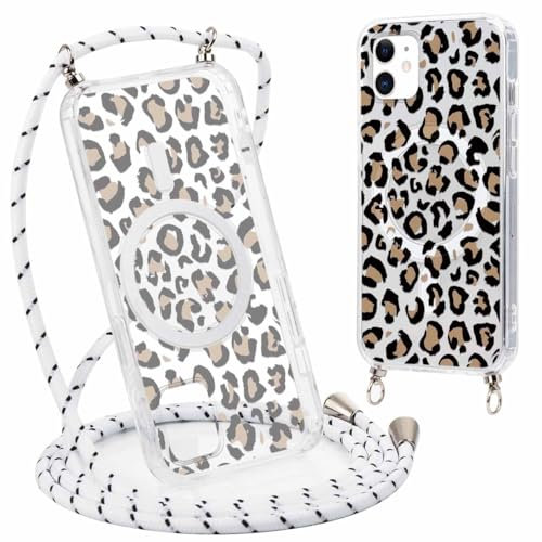 Yirlbey Handyband Handyhülle für iPhone 12/iPhone 12 Pro Hülle mit Band, Kompatibel mit MagSafe, Aesthetic Leopard Muster, Transparent Silikon PC Schutzhülle mit Kordel Case für iPhone12 6,1, Braun