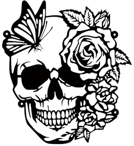 Huspox Skull Metal Wall Art Decor Black, Skull with Rose and Butterfly Hanging Plaques for Living Room Bedroom Decoration 30x27cm