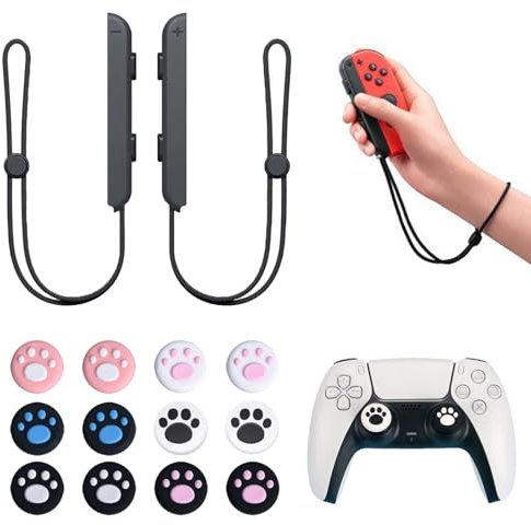 HTTDSLF 1 Paar Handgelenkschlaufe Gamepad Griffschloss Handgelenksschlaufe Kompatibel mit Switch Joy-Con Controller Schalter Gamepad Riemen, 12 Niedliche Joystick-Kappen für Nintendo Switch Controller