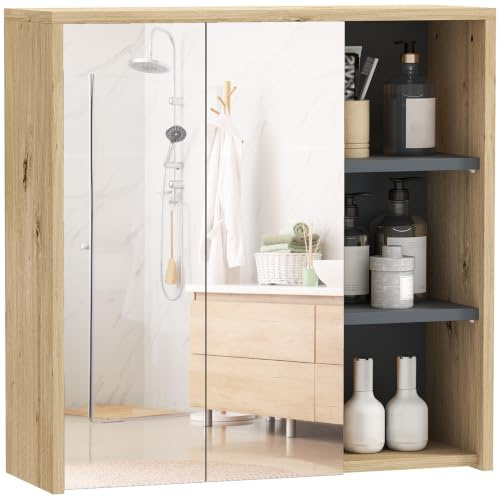HOMCOM Bathroom Mirror Cabinet Wall Mounted 2 Doors Cupboards Natural | Wall Mounted Bathroom Cabinet with Mirror