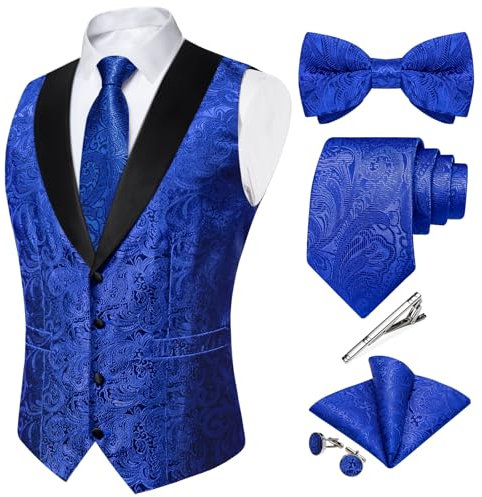 DiBanGu Seiden-Anzugweste für Herren, Schalkragen, Weste mit Krawatte, Fliege, Krawattenclip, Einstecktuch, Manschettenknöpfe, Weste, Königsblau, Medium