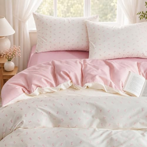 Freyamy Schleife Bettwäsche 220x240 Baumwolle Rosa Schleifen Bettwäsche Set | Bettwäsche für Allergiker, Aesthetic Bettwäsche Mädchen, ÖKO-TEX Bettbezug mit Reißverschluss und 2 Kissenbezug 80x80cm