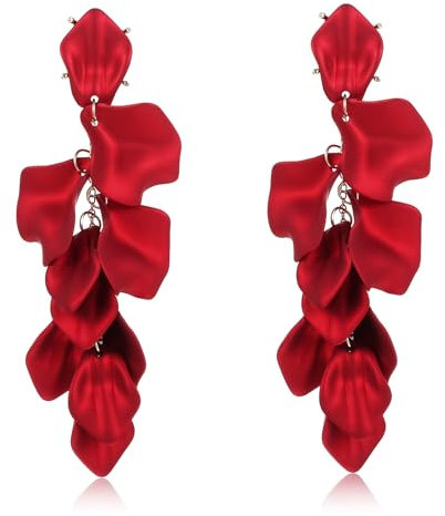 Tyqour 1 Pair Long Acrylic Rose Petal Dangle Earrings Red Flower Earrings Drop Statement Layered Floral Petal Earring for Women Holiday Festive Costume Gift