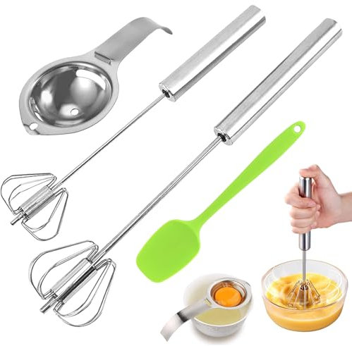 Hand Whisk, Set of 4 Stainless Steel Whisk Set, Semi-Automatic Whisk, Whisk, Protein Separator, Silicone Mixing Spoon, Suitable for Beating, Mixing Eggs and Cream