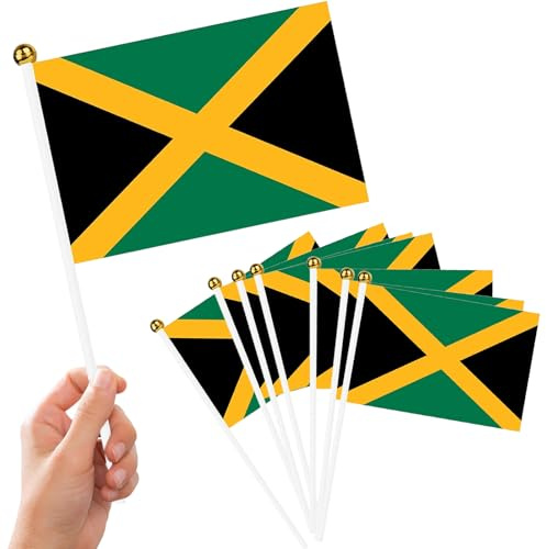Xunerloy Jamaika-Flagge, 20 Stück, 21 × 14 cm, handgehaltene Karibik-Flaggen, Jamaikanische Flaggen auf Stäben für Party-Dekorationen für Kulturtag, Sportveranstaltungen, Garten, Straße, Innen- und