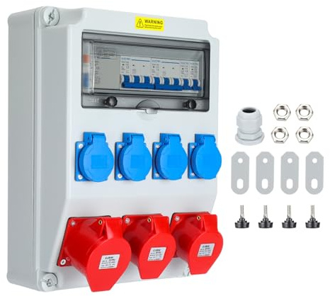GEAREVER Baustromverteiler 4x230V 2x16A 1x32A CEE 400V FI/LS IP44 5-polig | Wandverteiler mit 4 Schuko-Steckdosen, für Innen und Außen, Baustelle, Werkstatt, robustes Metallgehäuse, wetterfest