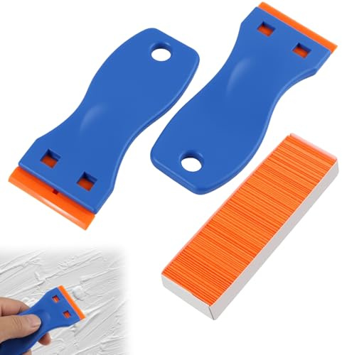 2 raspadores de plástico, cuchillas de afeitar para eliminar pegatinas, restos de pegamento, vinilo, viñetas, suciedad de cristal, ventanas, coche, con 100 cuchillas de repuesto, rasqueta de plástico