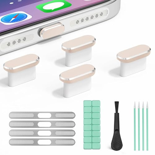 4 Pcs USB Type C Anti Dust Plugs & Speaker Cover & Cleaning Putty (Gold) | Suitable For iPhone 15/16/17/Air Series, 5-in 1 Charging Port Protector Set , Also For Other Electronic Device Charging Port