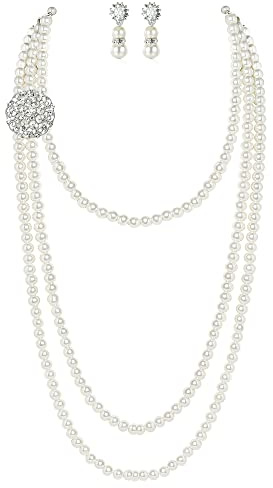 BABEYOND Vintage Langperlen-Schmuckset, 1920er Jahre Stil mehrreihige Halskette mit Brosche & Ohrringen, geeignet für Hochzeiten, Bälle, Partys & festliche Anlässe