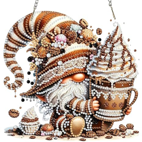 TLIOBLO Dessert Coffee Diamond Painting Fensterbilder mit Kette Erwachsene, Gnomes Diamant Painting Anhänger und Schlüsselanhänger Hängende Ornament Bastelset Diamant Kunst Set für Wand Eingang Decor