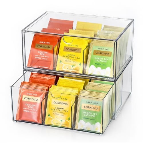 Corkovia Teebox mit 18 Fächern, Teebeutel-Aufbewahrungsbox mit Schublade, Stapelbare Tee-Organizer für Küchen, Schrank und Speisekammern, Transparent, 2 Stück, 23×17×10 cm