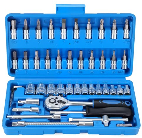 WiMas 46PCS Socket Wrench Set, Ratchet Socket Set, Metric Drive Socket Wrench Ratchet Tools Kit, Screwdriver Bits Auto Vehicle Repair Tool 1/4 Inch (Blue)