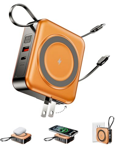 6-in-1 for Magsafe Portable Charger,10000mAh Wireless Magnetic Power Bank with Built-in Cables & Wall Plug,22.5W Fast Charging USB C Battery Pack,Travel Essentials for iPhone 17/16/15/14/13,Orange