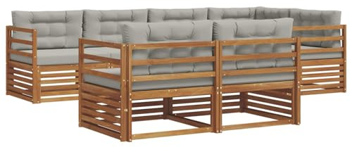 vidaXL Outdoor-Sofagarnitur mit Kissen 7 pcs Natürlich und Hellgrau, Balkonsofa, modernes Eckmöbel, robuster Lounge, Terrassen-Sitzgruppe, bequemer Gartenstuhl