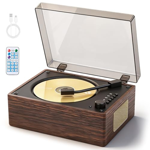 CD Player with Built-in Speakers, Bluetooth 5.3 Portable Home Music Player, Desktop Audio Player with Remote Control, 3.5mm Headphone Jack, USB AUX Input, Multi-Format Support, Walnut Brown Wood Grain