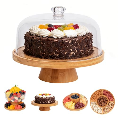 Stormshopping Bamboo Cake Stand with Lid, 6 in 1 Multi-Function Cake Display Stand, Large Serving Platter, Wood Cake Board with Acrylic Dome Cover for Kitchen/Birthday/Picnic/Party/Charcuterie