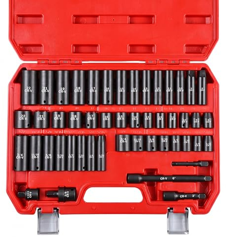 49PCS 3/8'' Drive Impact Socket Set, SAE 5/16”-3/4” & Metric 8-22mm, CR-V Steel Mechanics Tool Set with Universal Joint, Extension Bar, 1/2 to 3/8 Reducer, Hex Shank Socket Adapter, Ratchet Handle