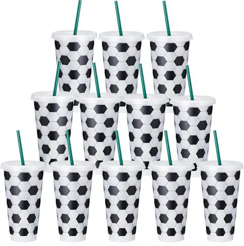 Umllpet Fußball Becher 710ml 12er Set, Plastik Tumbler mit Deckel | BPA-freier Kunststoff, spülmaschinengeeignet, ideal für Fußballpartys und Kindergeburtstage