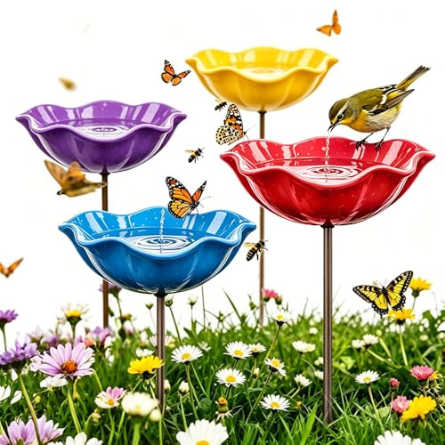 Vogeltränke Winterfest,Gartenstecker aus Metall,Vogeltränke Blume Bienentränke,Vogelfutterhaus Gartenfiguren & Gartenstatuen Gartendeko für Draußen (4 Pcs)