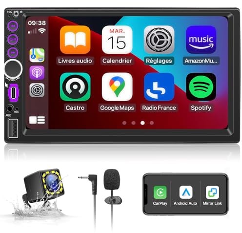 Autoradio 2 DIN con CarPlay Wireless e Android Auto, Schermo Touchscreen 7 Pollici, Radio Auto Bluetooth 5.0 con Telecamera Posteriore, Mirror Link, Tipo-C, SWC, FM, EQ, Navigazione GPS