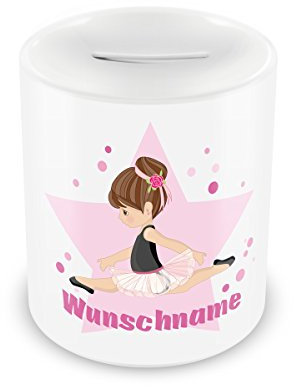 Samunshi® Kinder Spardose mit Namen und Ballerina als Motiv für Kinder - Jungen und Mädchen Sparschwein weiß
