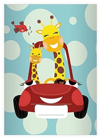 Kartenkaufrausch 4 Fröhliche Giraffen DIN A4 Schulhefte, Schreibhefte mit Comic Giraffen im Auto in hellblau Lineatur 21 (liniertes Heft)