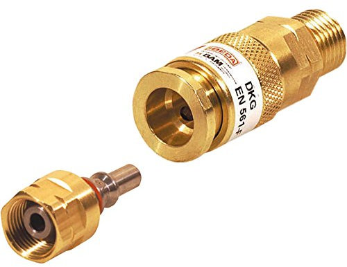 Ibeda DKG Gas-Schnellkupplung mit Außengewinde im SET mit D1 Kupplungsstift mit Überwurfmutter für Brenngas G3/8 LH, Sauerstoff 1/4 RH, Inertgas G 1/4' RH, Ausführung:Brenngas G 3/8'' LH