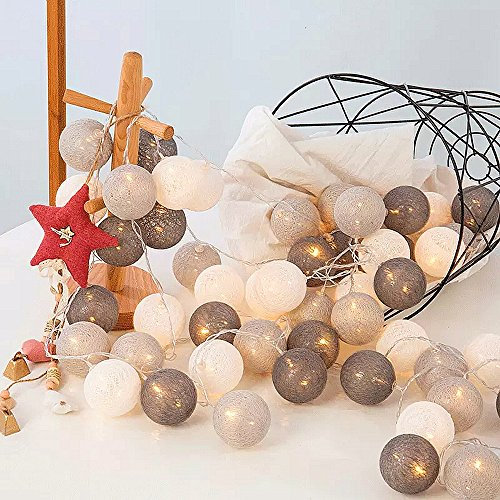 ELINKUME LED Lichterkette mit 20 Baumwollkugeln, Leuchtfarbe-warmweiß, Batteriebetrieben, 3.3M Lampion Partylichterkette Deko für Innen Balkon Party Hochzeit Feiertag, Gemischtes Grau