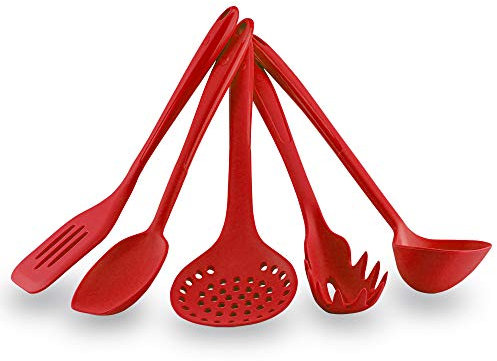 Kochblume Küchenhelfer Set, 5-teilig, Flexwender, Saucenlöffel, Schaumlöffel, Pastalöffel, Schöpflöffel | Premium Premium-Silikon & BPA freimit Edelstahlkern (rot)