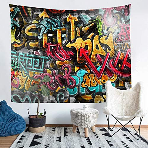 Loussiesd Hippie Graffiti Wandteppich Hip Hop Dekor Tapisserie für Jungen Mädchen Teenager Graffiti Muster Wandbehang Straßenkultur Dekor Wandkunst Sport Thema Raum Dekor Wohnheim Wandtuch 175x230cm