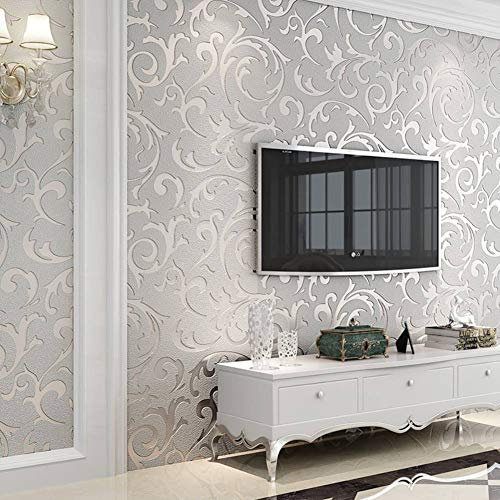 Cocoarm Silver Wallpaper for Living Room Silver Feature Wallpaper 10 Meter 3D Non-Woven Vertical Wallpaper Luxury Embossed Wall Mural with 3D Leaf Pattern,Breathable,Waterproof,Moisture Resistant